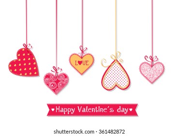 Valentines day illustration  Hanging hearts tied and bows white background 