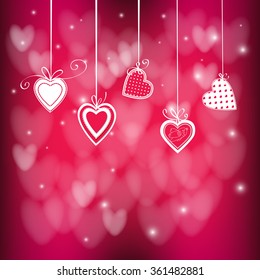 Valentines day illustration  Hanging hearts tied and bows red background Vector illustration contains gradient meshes 