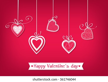 Valentines day illustration  Hanging hearts tied and bows red background  Vector illustration contains gradient meshes 