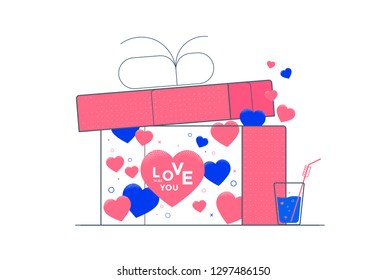 Valentines day illustration with hearts and gift box. Love invitation card. Vector