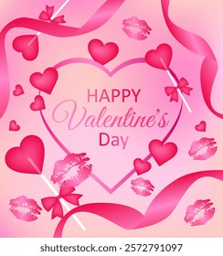 Valentine's day illustration with hearts and kisses on pink background.