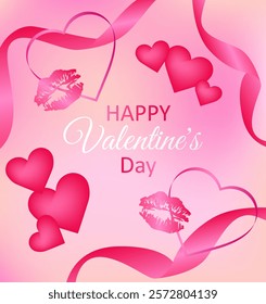 Valentine's day illustration with hearts and kisses on pink background.
