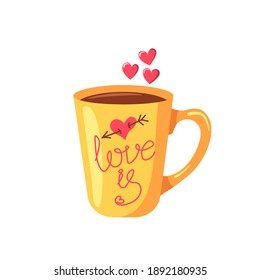 Valentine's Day. Illustration for the holiday. Lovers cups. Flat design. Cute cups with coffee. Lettering Love is