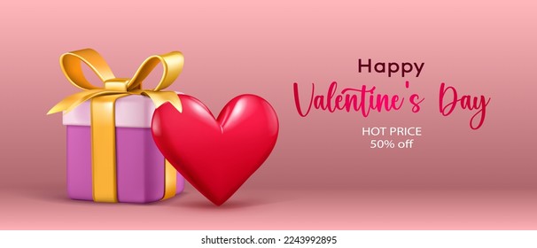 Valentine's Day illustration for holiday sales with red heart and gift box on pink background