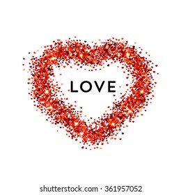 Valentines day illustration. Label says LOVE. Red vector heart shaped glitters.