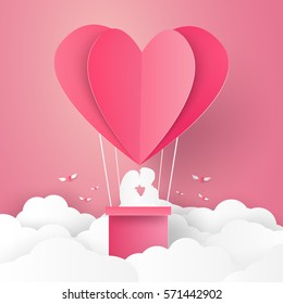 Valentines day , Illustration of love , Couple kissing on hot air balloon in a heart shape , paper art style