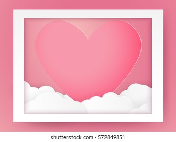 Valentines day Illustration of love , Heart in frame paper art style