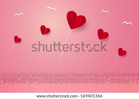Valentines day , Illustration of love , Heart balloons flying over grass with birds , paper art style