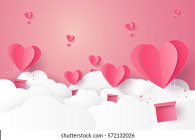 Valentines day , Illustration of love , Hot air balloon in a heart shape flying on sky , paper art style