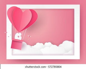 Valentines day Illustration of love , Hot air balloons in a heart shape flying into frame , blank space , paper art style