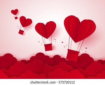 Valentines day , Illustration of love , Hot air balloons in a heart shape flying on sky , paper art style