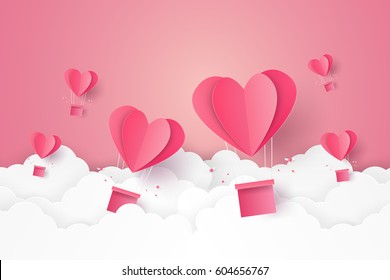 Valentines day , Illustration of love , Hot air balloon in a heart shape flying on sky , paper art style