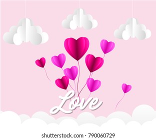 Valentines day , Illustration of love , Hot air balloon in a heart shape flying on sky , paper art style