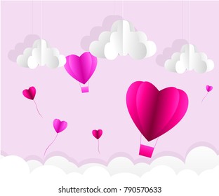 Valentines day , Illustration of love , Hot air balloon in a heart shape flying on sky , paper art style