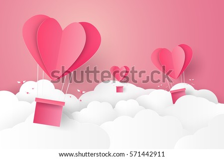 Valentines day , Illustration of love , Hot air balloon in a heart shape flying on sky , paper art style