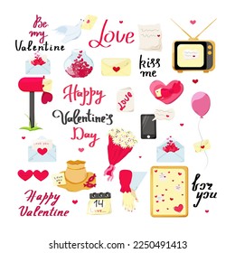 Valentine's Day. Illustration with love objects. Postcards for lovers, a dove with a letter, a bouquet with a card, a love package. Lettering about love. Vector illustration