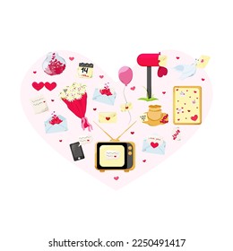 Valentine's Day. Illustration with love objects. Postcards for lovers, a dove with a letter, a bouquet with a card, a love package. Lettering about love. Vector illustration