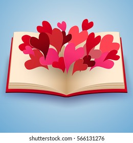 Valentines day , Illustration of love , Open book with paper hearts flying