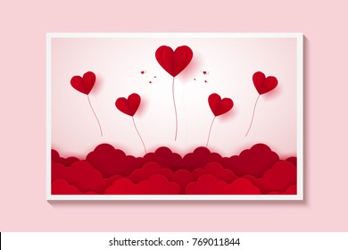 Valentines day , Illustration of love , Picture of red heart balloons flying on sky , paper art style