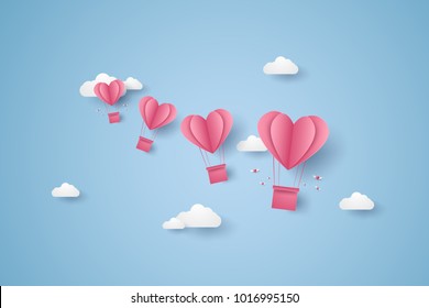 Valentines day, Illustration of love, pink heart hot air balloons flying in the blue sky, paper art style