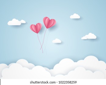 Valentines day, Illustration of love, pink heart balloons flying in the blue sky, paper art style