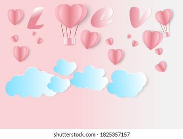 Valentines day, Illustration of love, pink heart hot air balloons flying in the pink sky, paper art style