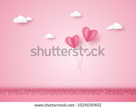 Valentines day , Illustration of love , pink heart balloons flying over grass , paper art style