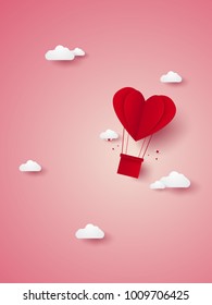 Valentines day, Illustration of love, red heart hot air balloon flying in the sky, paper art style