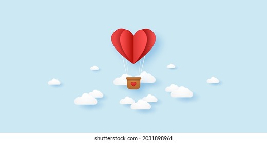 Valentines day, Illustration of love, red folded heart hot air balloon flying in the sky, paper art style
