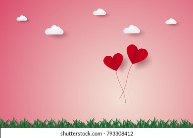 Valentines day , Illustration of love , red heart balloons flying on grass , paper art style