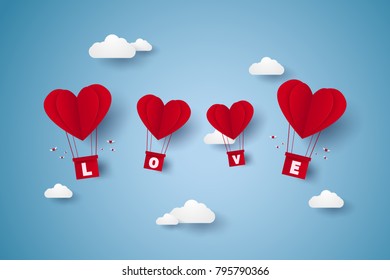 Valentines day, Illustration of love, red heart hot air balloons with lettering flying in the sky, paper art style