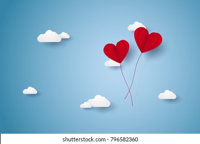 Valentines day , Illustration of love , red heart balloons flying in the sky , paper art style
