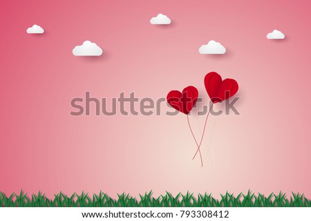 Valentines day , Illustration of love , red heart balloons flying on grass , paper art style