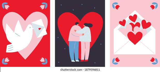 Conjunto romántico de ilustraciones lindas. Amor, historia de amor, relaciones. Concepto de diseño de vectores para el Día de San Valentín. Paloma, carta, sobre con corazones, pareja con amor caricatura de estilo plano. Folclore. 