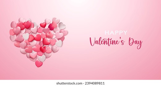 Valentine's day illustration with many red and pink hearts and holiday inscription