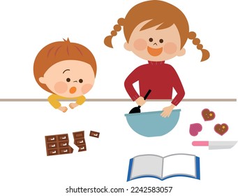 Material de ilustración de San Valentín de un niño haciendo chocolate hecho a mano