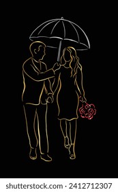 Valentines Day Illustration. Modern Continuous line drawing. Romantic couple. Love poster. Abstract Couple Line Art. Holding Hands Doodle. Graphic vector design. Couple in love. Happy married couple.