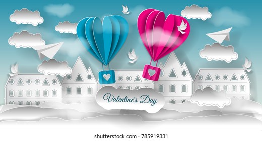 Valentine's day illustration. Paper city and clouds, pigeons and balloons in form of hearts with inscription Valentine's day. Paper art craft style