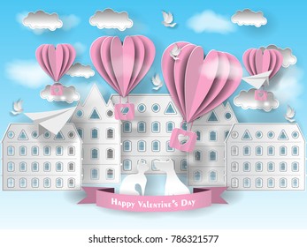 Valentine's day illustration. Paper city and clouds, pigeons and pink balloons in form of hearts with inscription Valentine's day. Paper art craft style