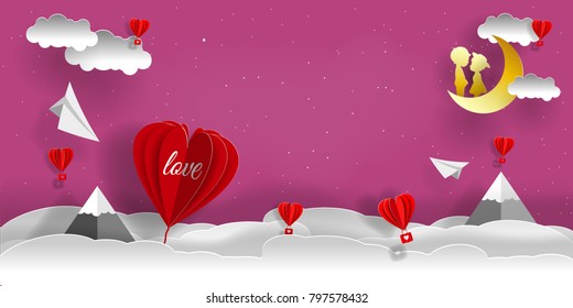 Valentine's day illustration. Paper  clouds, balloons in form of hearts. With large inscription love and happy Valentine's day. Paper art and craft style