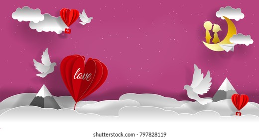 Valentine's day illustration. Paper  clouds, balloons in form of hearts. With large inscription love and happy Valentine's day. Paper art and craft style