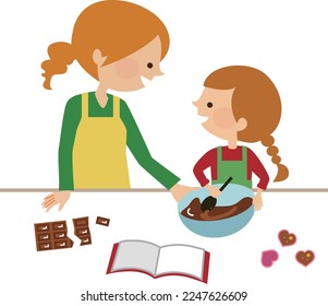 Ilustración de San Valentín de un padre y un niño haciendo chocolates hechos a mano