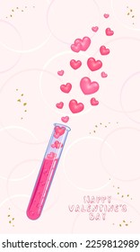 Valentine's Day illustration. Pink hearts flying out of a test tube. Chemistry of love. Calligraphic inscription with congratulations on Valentine's Day