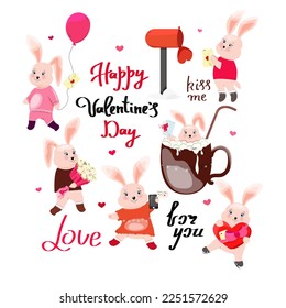 Valentine's Day. Illustration
with rabbits in love and objects symbolizing love. Rabbit with a bouquet, a gift, a love message. The rabbit is holding a phone with a message. Lettering about love.