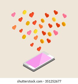 Valentine's day illustration. Receiving or sending love emails and sms for valentines day, long distance relationship. Flat design, vector illustration