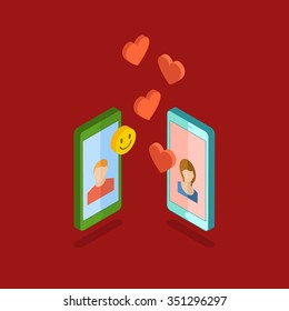 Valentine's day illustration. Receiving or sending love emails for valentines day, long distance relationship. Isometric phones with hearts. Flat design, vector illustration