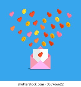 Valentine's day illustration. Receiving or sending love emails and sms for valentine's day, long distance relationship. Flat design, vector illustration