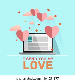Valentine's day illustration. Receiving or sending love emails for valentines day, long distance relationship. Flat design, vector illustration