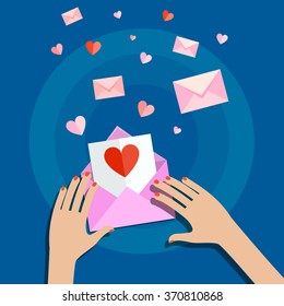 Valentine's day illustration. Receiving or sending love emails and sms for valentines day, long distance relationship. Flat design, vector illustration