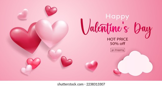 Valentine's Day illustration with red hearts and paper clouds on pink background
